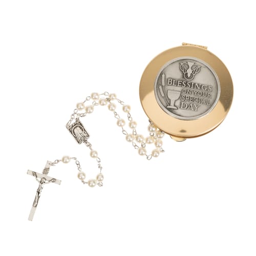 First Communion Pearl Rosary with Blessings Keepsake Box