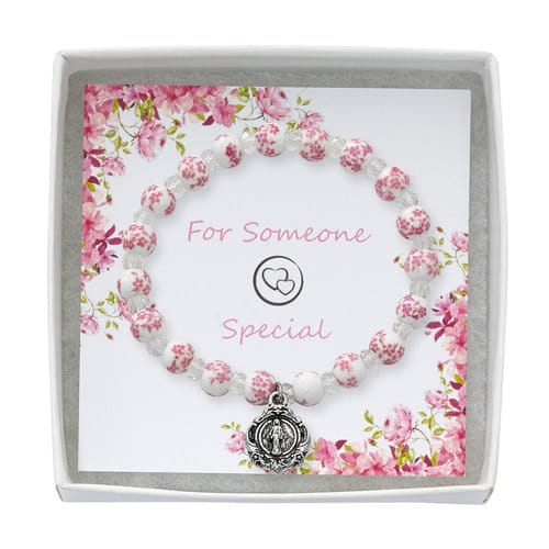 Pink and White Floral Bracelet with Miraculous Medal