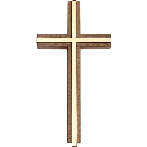 6 inch Plain Crucifix, Walnut w/ Polished Brass inlay The Catholic