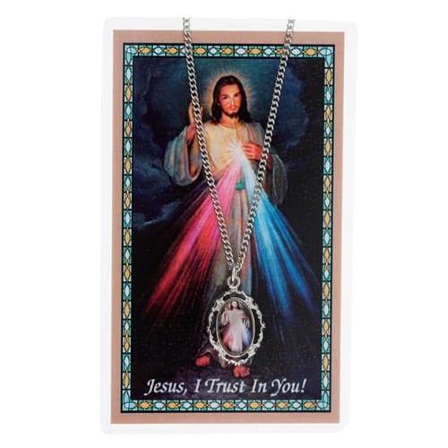 Divine Mercy Prayer Card & Enameled Necklace Set