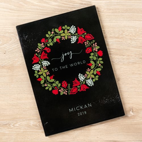 Personalized Joy Christmas Wreath Glass Cutting Board