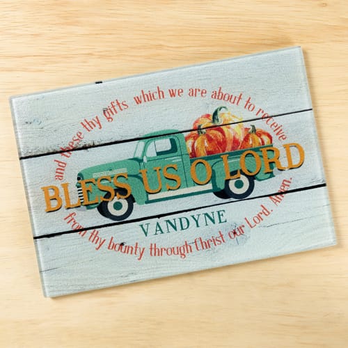 Personalized Harvest Bless Us O Lord Cutting Board