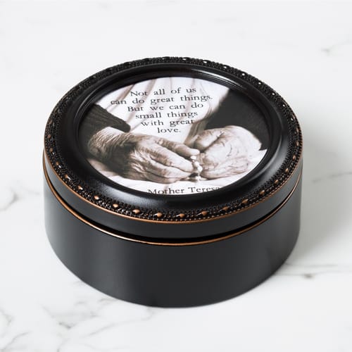 Mother Teresa &quot;Small Things&quot; Round Rosary Box