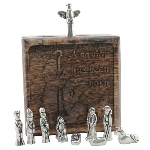 Personalized Shepherds Keepsake Box w/ Pewter Nativity Figures Gift Set