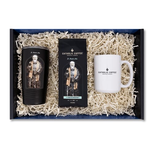 Padre Pio Espresso Roast Coffee, Tumbler, &amp; Mug Gift Set