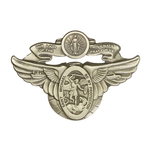 Antique Gold O/L of the Highway / St Michael Visor Clip The Catholic