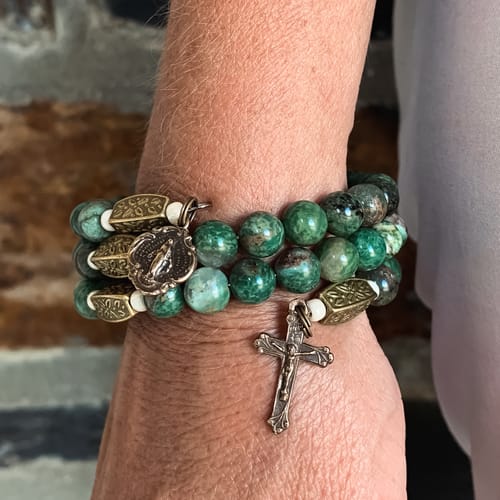 Jade Green & Brass Rosary Wrap Bracelet The Catholic Company