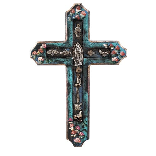Mexican Handpainted Cross with Milagros & Our Lady of Guadalupe The