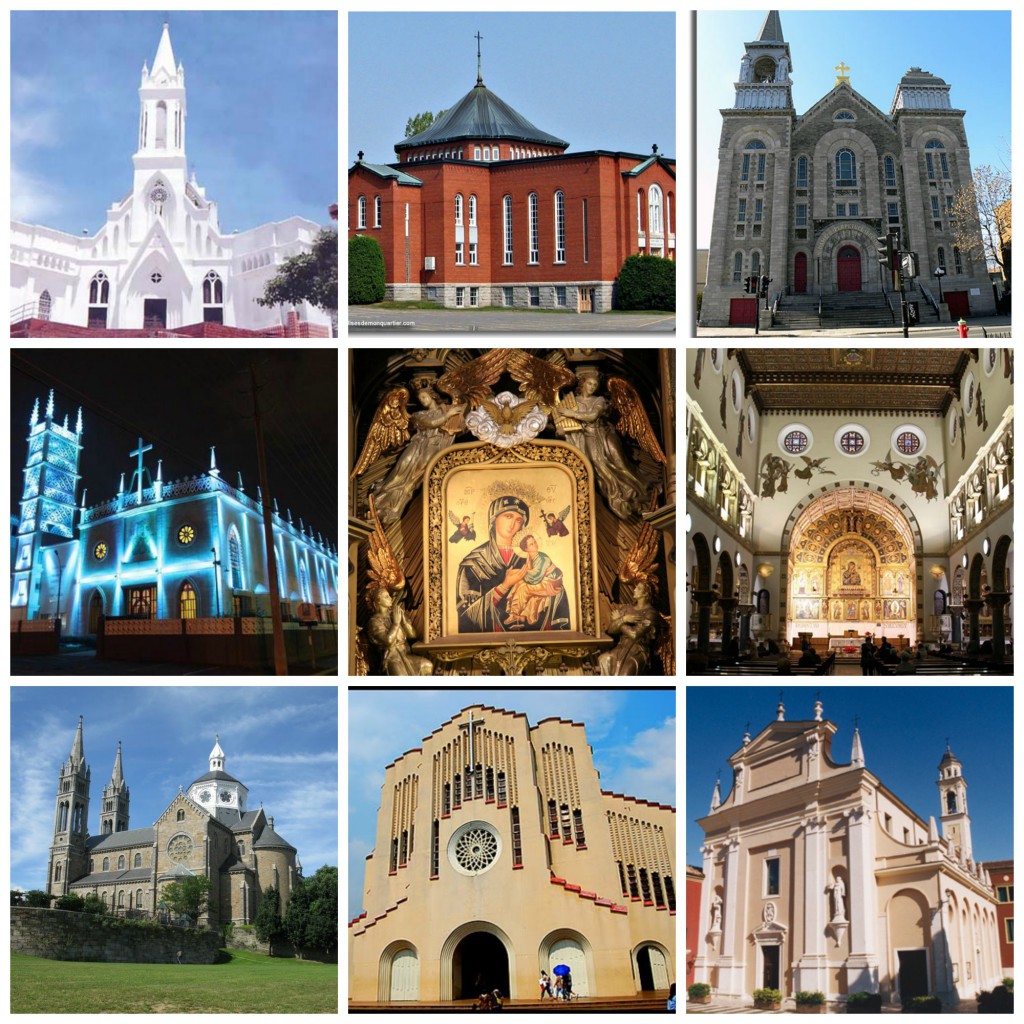 Just a few sample of churches all over the world, dedicated to Our Lady of Perpetual Help (Colombia, Québec, Venezuela, Spain, United States, Philippines, and Rome).