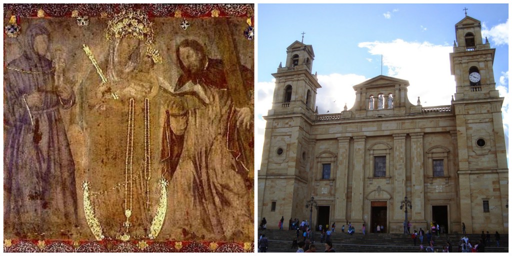 Renovated painting from 1562 located in The Basilica of Chiquinquirá (Boyacá), Colombia. The cloth features Saint Anthony of Padua at the right and Saint Andrew the Apostle at the left. Source: en.wikipedia.org