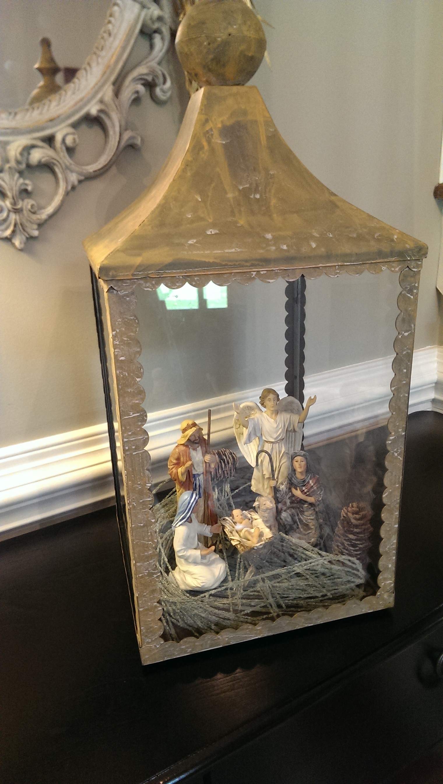 A few nativity figures look great inside this Chapel Lantern. Just add string lights!