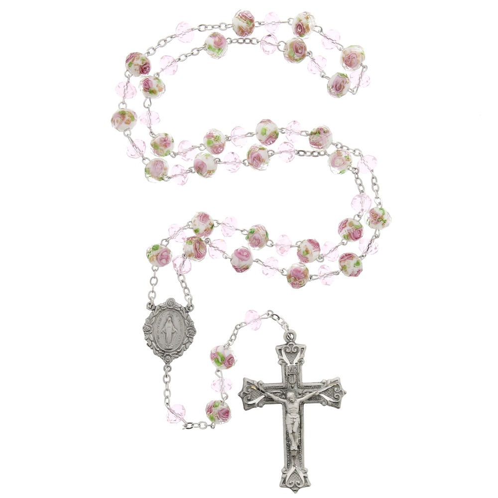 Heavenly Bouquet Pink Glass & Pewter Rosary